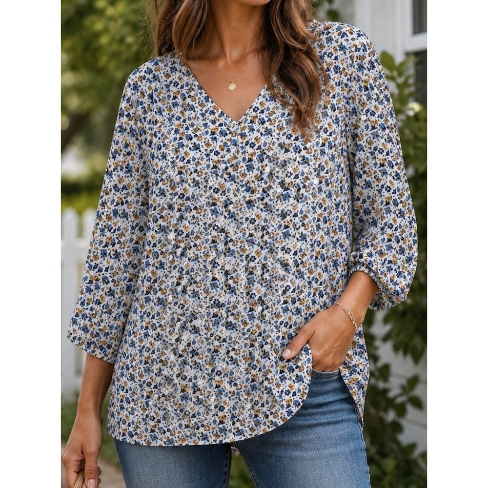 Mario Serrani Womens Blouse‎ White Blue Floral XXL Top Office Work Boho Casual